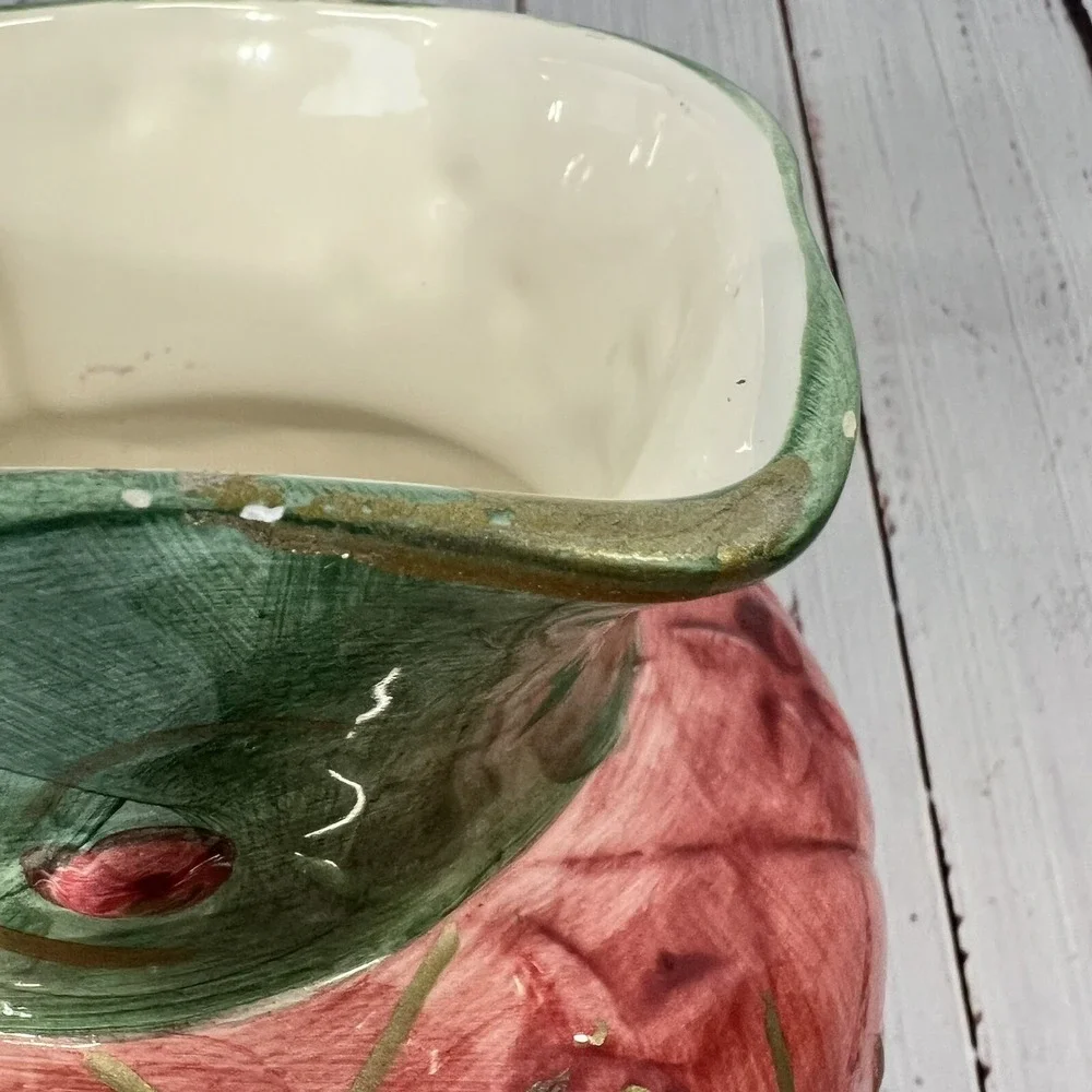 Vtg 1995 Llauter Collection Pitcher Jar Green Pink Gold Ceramic Strawberry